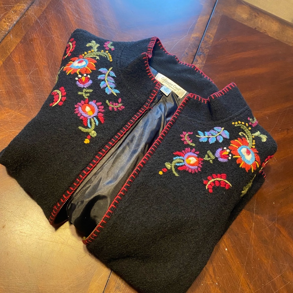 Coldwater Creek Black Lined Wool Cardigan with Floral Embroidery